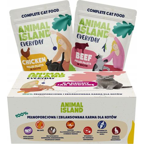 Alimento húmedo para gatos ANIMAL ISLAND sabor ternera/pollo, 80 x 85 g (1/2)