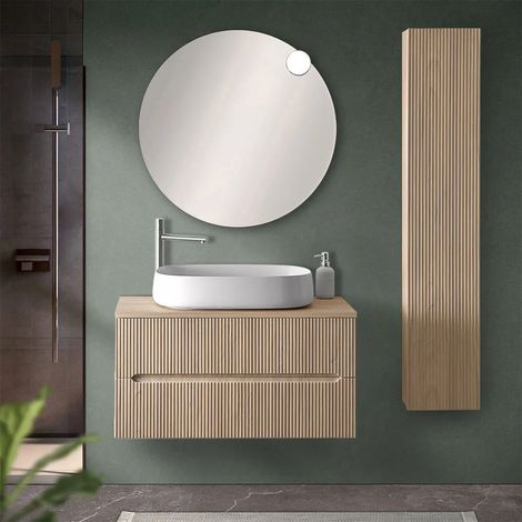Mobile bagno sospeso cannettato 90 cm rovere chiaro con top e specchio Bali (1/5)