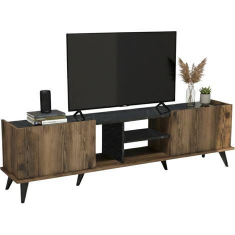 Dmora - Mueble de televisión Circini, Aparador de salón, Mueble bajo para TV, Base de pared equipada, 180x34 h52 cm, Nogal y Negro