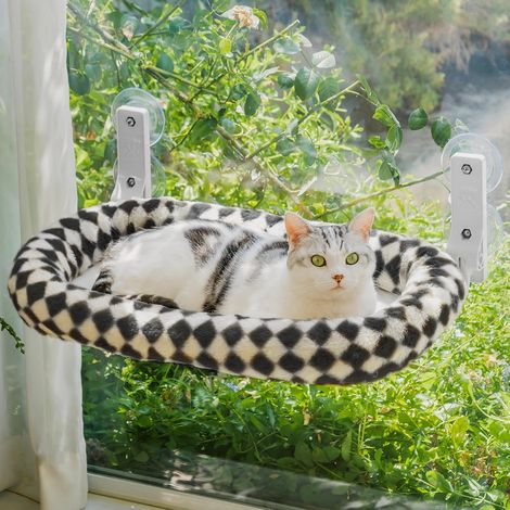 Hamac élégant pour Chat à fenêtre Pliable \u2013 Lit en Peluche pour Chat avec Housse épaisse Amovible, Structure en Acier Stable Jusqu‘à 18 kg (Echiquier, M)