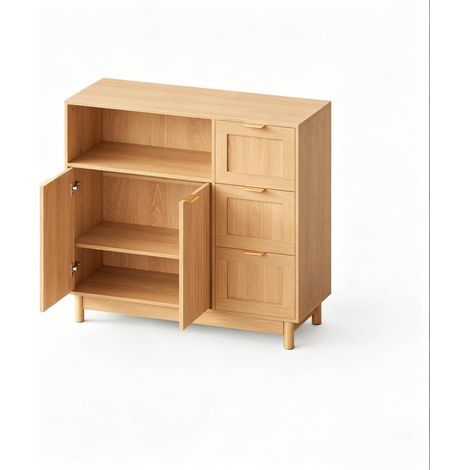 Credenza multiuso in legno effetto naturale 90 x 35 x 80 cm con cassetti e ante (1/5)