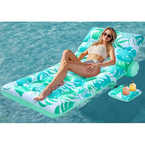 Matelas Gonflable pour Adultes, Transat de Piscine à Motif Feuilles Tropicales avec Dossier Réglable et Porte-Gobelets, Bouée Flottante pour Bronzage, Chaise Flottante pour Piscine, Plage, Lac