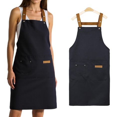 Tablier noir imperméable homme avec grandes poches divisées, sangle de cou métal, idéal barbecue et jardinage (1/5)