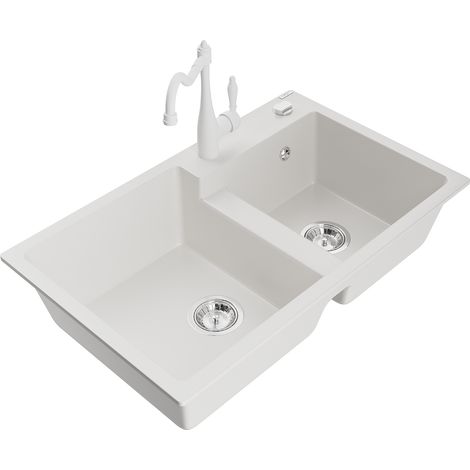Mexen Tomas fregadero de granito de 2 cubetas con grifo de cocina Carla, blanco - 6516-20-670700-20 (1/5)
