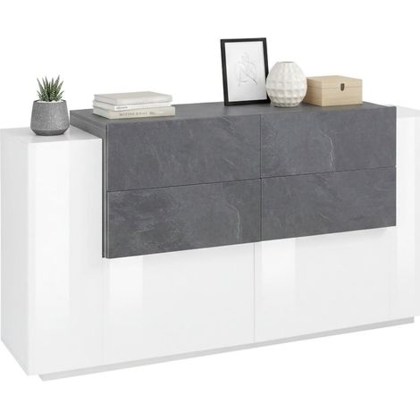 Dmora - Kommode Daas, Küchen-Sideboard mit 2 Türen und 4 Schubladen, Wohnzimmer-Buffet, Küchen-Sideboard, 100% Made in Italy, cm 160x45h86, glänzend weiß und Schiefer
