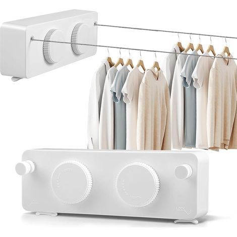 1xCorde à linge rétractable à fixation murale, 2 x 4.2 M Acier Inoxydable Fil a Linge Retractable, capacité de charge 20 kg, gain de place (1/5)