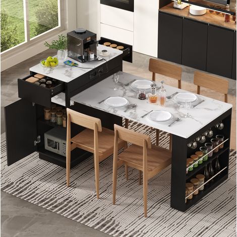 Mobile bar allungabile 58-154x80,5x94 cm con LED, USB/Type-C, vano portaoggetti, realizzato in MDF, bianco e nero (1/5)