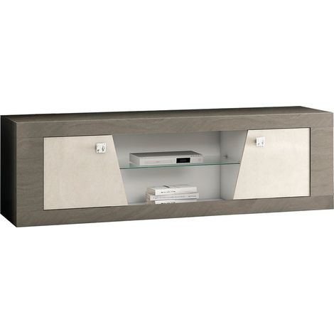 GONDOR - Meuble TV 2 Portes Décor Bois Gris Veiné et Beige (1/3)