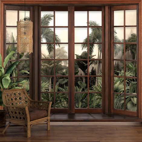 Papier peint panoramique Trompe l'oeil Fenêtre en bois - Forêt Tropicale - 130 cm x 104 cm (1/5)