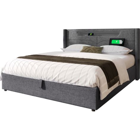 Lit coffre 160x200 LED avec USB Type C, rangement sous le sommier, revêtement tissu gris, cadre en métal robuste, chambre moderne  CHICFURN (1/5)