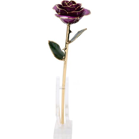 24 Karat vergoldete künstliche Rose mit lebendigen Details und leuchtenden Farben. Langlebige, künstliche Rose mit Sockel – ideales Geschenk zum Geburtstag oder Muttertag. Lila. (1/5)