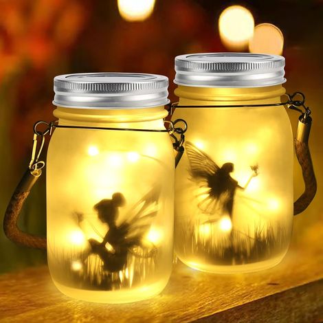 Lot de 2 lanternes solaires étanches IP44 en pot Mason pour extérieur, patio, pelouse, fête, décoration de jardin (blanc chaud) (1/5)