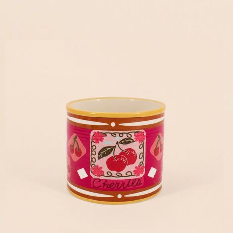 Cache-pot fruits en céramique rose liseret jaune 11x13cm (1/5)