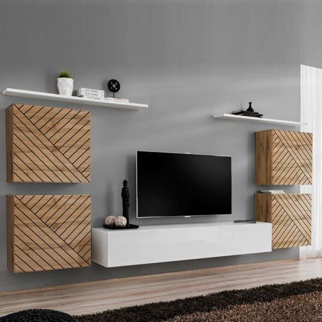 Ensemble Meuble TV "Switch Lamel IV" 320cm Blanc & Naturel (1/5)