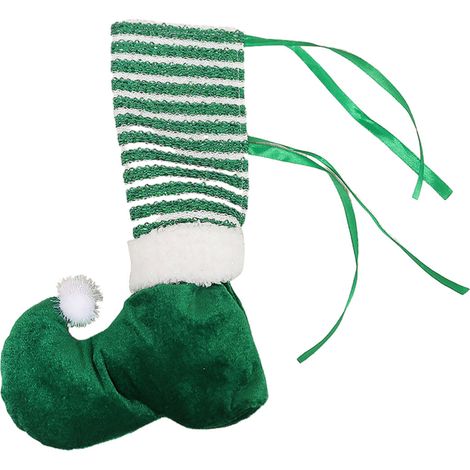 (Paquet individuel) Décoration de Noël en tissu à rayures avec motifs d'elfes, protège-pieds de table à ruban assortis (protège-pieds de table verts avec motifs d'elfes) (1/2)