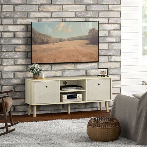 TV-Ständer für Fernseher bis zu 50 Zoll mit 2 Stoffschubladen und offenen Regalen, Holz und Beige