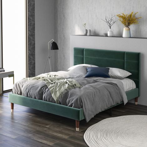 Letto per adulti Letto imbottito 140 x 200 cm con rete a doghe e testiera. velluto. Verde (1/5)