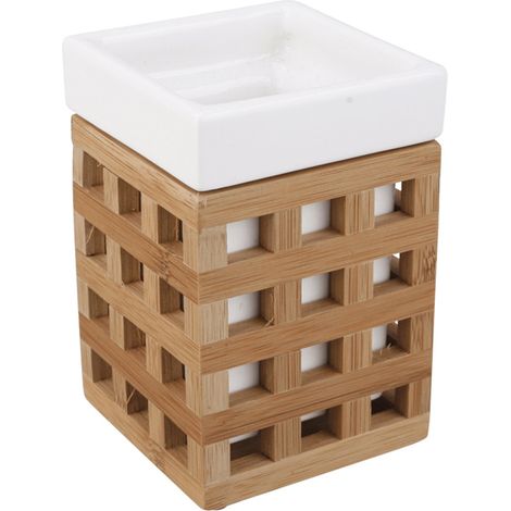 Optima Portaspazzolino Libra Square Design in ceramica e legno di bambù, bianco (LIB27)