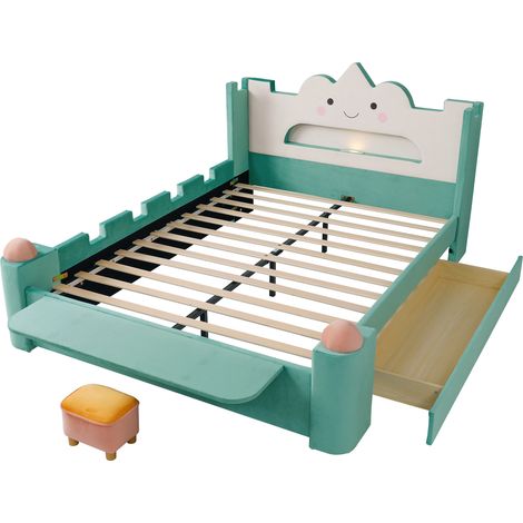 Lit enfant 140x200 cm avec tiroir, lampe LED USB, tabouret et protection bleu-vert (1/5)