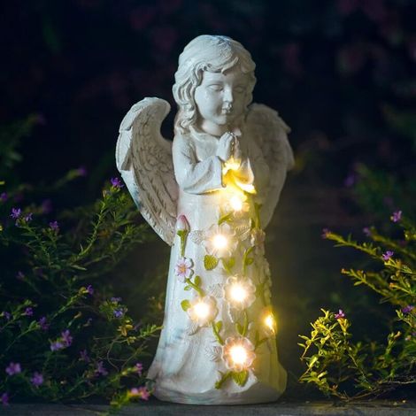 Statue d'ange solaire d'extérieur avec plantes succulentes et 7 lumières LED - Décoration de jardin pour terrasse, balcon, cour - Cadeau de pendaison de crémaillère unique (1/5)