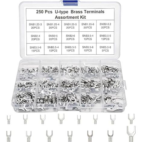 Cable Lug Kit 250 Pieces Flat Fork Lugs Brass Clamp Connectors Brass Cable Lugs Cable Connectors 0.5-1.5mm² 1.5-2.5mm² 2.5-4mm² 4-6mm² (U) (1/5)