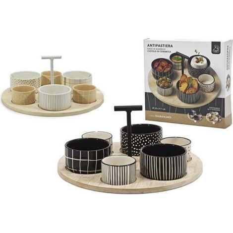 TrAdE Shop Traesio - Set Antipastiera Con 6 Ciotoline Su Vassoio Base In Bamboo ⌀29cm Per Antipasti Snack - (1/4)
