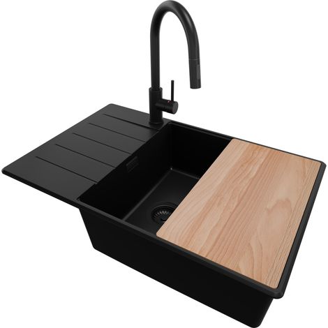 PRIMAGRAN Evier Cuisine en Granit 78x50cm, Lavabo 1 bac + Kit de Vidage + Accessoire, Évier à Encastrer au meuble 60cm - Copenhague, Tout Noir (1/5)