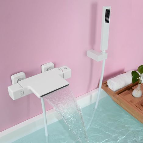 Robinet de Baignoire Thermostatique, Cascade Mitigeur Baignoire avec Douchette, Mitigeur Bain Douche Mural, Laiton, Blanc (1/5)