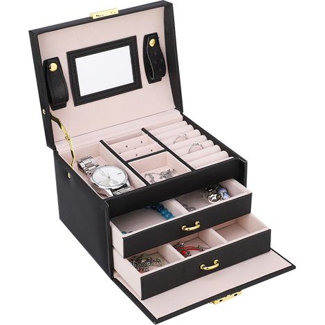 Boîte de rangement pour bijoux à 3 niveaux en cuir PU avec miroir (noir) (1/5)