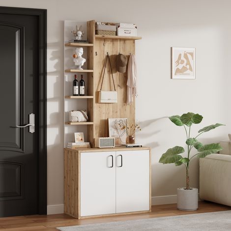 Vestiaire d'Entrée Multifonction 75x33x180 cm, Porte-Manteau sur Pied avec Meuble à Chaussures et 6 Étagères, Meuble de Couloir Bois et Blanc (1/5)