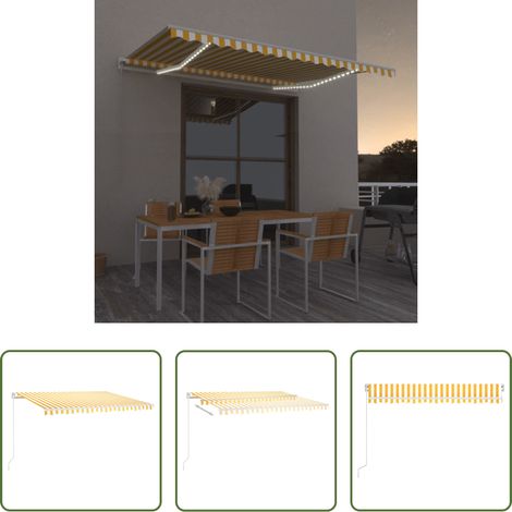 Auvent rétractable - Auvent manuel rétractable avec LED 450x350 cm Jaune et blanc (1/5)