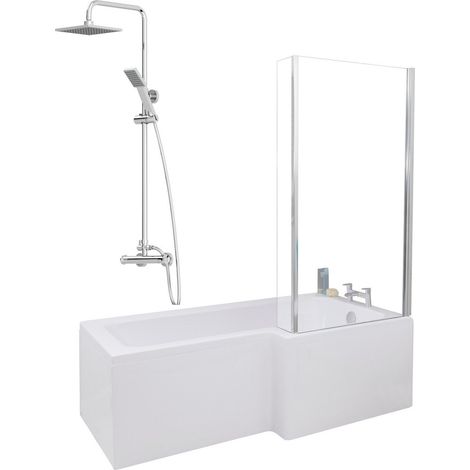 1700mm Bathroom L Shaped Bath Mixer Shower Screen RH White with Front Panel (1/5)