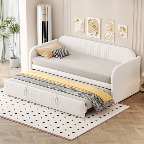 Cama nido 90/180x190 cm - sofá cama con somier de láminas - tejido de lino - beige