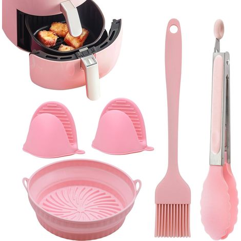 Airfryer Accessoires 4 pièces - Moule en silicone de 20 cm de diamètre avec pince, pinceau à huile et gants de protection contre la chaleur - Compatible avec les paniers de friteuse ronds (1/5)