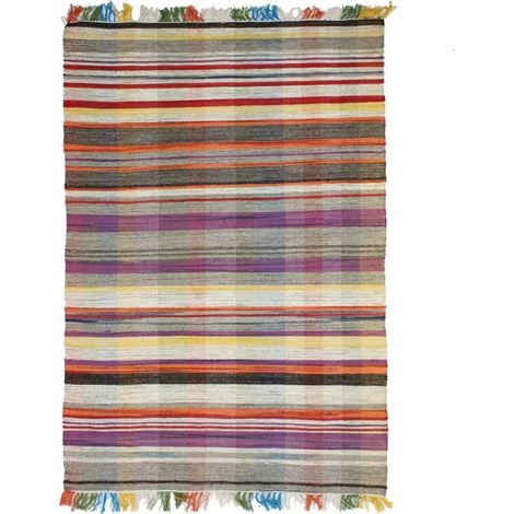 TRIBAL - Tapis en laine à rayures gris et multicolore 140x200 (1/4)