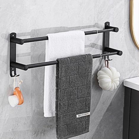 Adjustable Towel Rails 43-78CM Bath Towel Racks Stainless Steel Towel Shelves with Hooks Wall Mounted Towel Holders Towel Bar for Kitchen Bathroom (Black 2-Tier) (1/5)