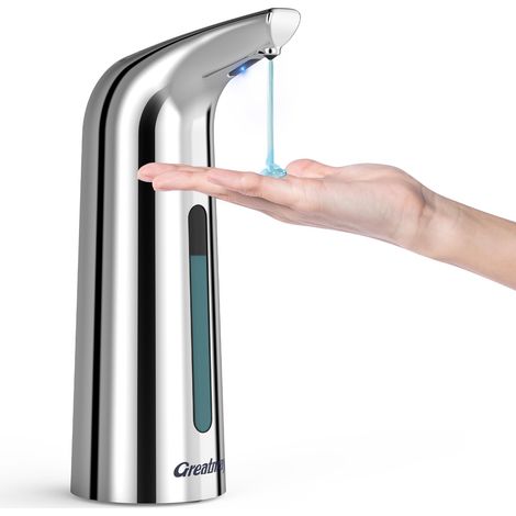 Berührungsloser automatischer Seifenspender 400 ml, wasserdichte Anti-Abfall-Pumpe, 4 einstellbare Geschwindigkeiten, magnetische Aufladung, intelligentes Design für Küche, Badezimmer (400 ml Silber)