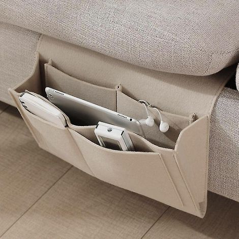 Sac de rangement en feutre avec poches pour table de chevet, canapé ou bureau, organisateur suspendu pour téléphone, beige (1/4)