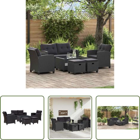 Gartensofa Set - 6-tlg. Garten-Sofagarnitur mit Auflagen Poly Rattan Schwarz (1/5)
