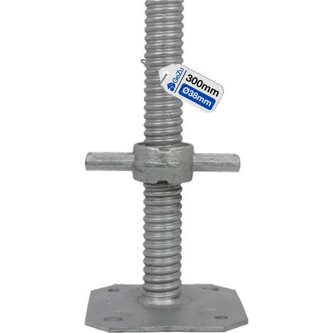 Vérin d’échafaudage réglable avec tige filetée Ø38 mm – Longueur 300 mm – Électroplaqué – Plaque de pied robuste pour stabilité et sécurité – GeZu Impex