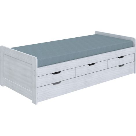 TOMMY - Lit Gigogne 90x200 avec Tiroirs en Bois Massif Cérusé Blanc