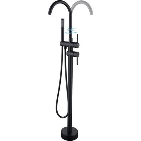 Robinet de Baignoire Ilot 2 Modes Mitigeur de Baignoire Ilot avec Douchette, Rotation à 360° Robinet de Baignoire sur Pied Laiton Robinet Mitigeur au Sol Moderne et Simple (Noir) (1/5)