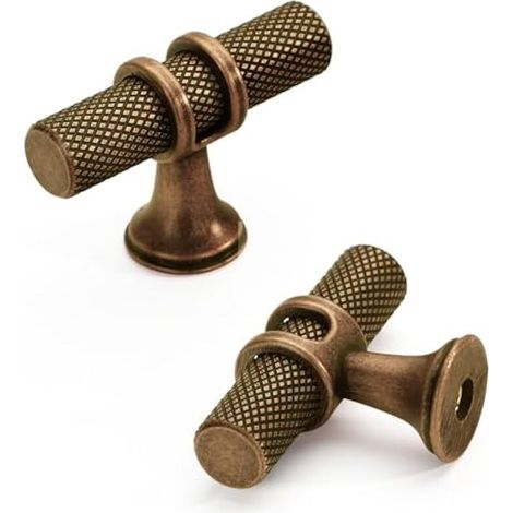 Lot de 10 boutons de meuble en laiton vieilli en forme de T - 50 mm - Boutons de porte moletés - Boutons de commode vintage - Pour armoires, commode, armoire, porte