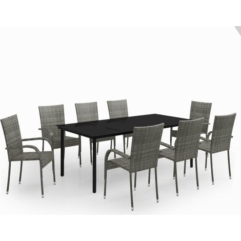 Ensemble de salle à manger de jardin meuble extérieur 9 pièces gris et noir