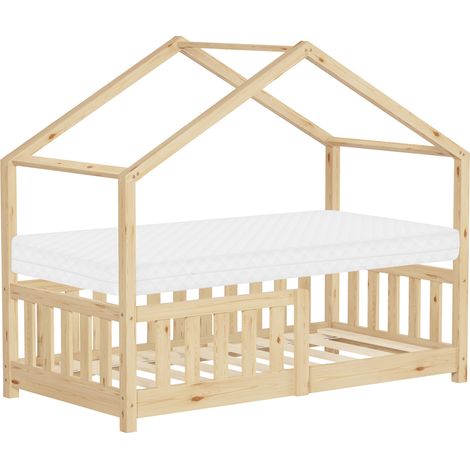 ML-Design Kinderbett Hausbett 70x140 cm Natur mit Matratze, Holzbett mit Rausfallschutz, Lattenrost, Dach, Spielbett aus Kiefernholz für Kinder, Montessori Bodenbett Bettgestell Bettenhaus Juniorbett