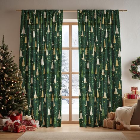 Rideau Voilé De Noël - Imprimé Arbre De Noël Étoile En Feuille Métallisée - Vert - 132 cm L x 213 cm H - Lot De 2 (1/5)