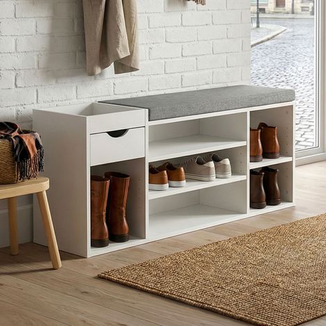 Banc à chaussures 1 tiroir 100x30x45 cm décor blanc et gris (1/5)