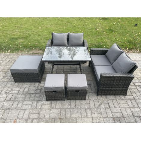 Fimous 7-Sitzer Garten Esstisch Set Polyrattan Outdoor Möbel Sofa mit Rechteckiger Esstisch Doppelsitz Sofa 3 Hockern Dunkelgrau Gemischt (1/4)