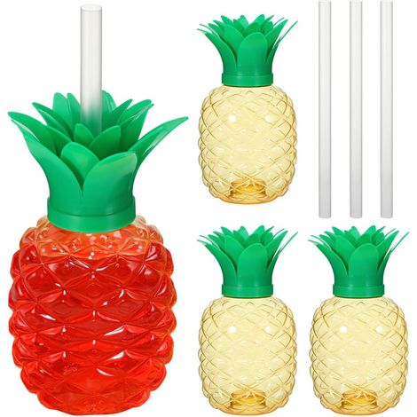 Ensemble de 4 verres à cocktail jaunes en plastique, motif ananas, avec couvercle et paille, pour une fête hawaïenne à la plage, un barbecue ou une garden-party. Idéal pour la plage, les barbecues et (1/5)