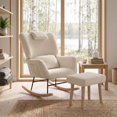 Fauteuil à bascule avec repose-pieds, rocking chair, chaise relax en laine avec coussin et poche, style scandinave pour salon chambre, Beige (1/5)